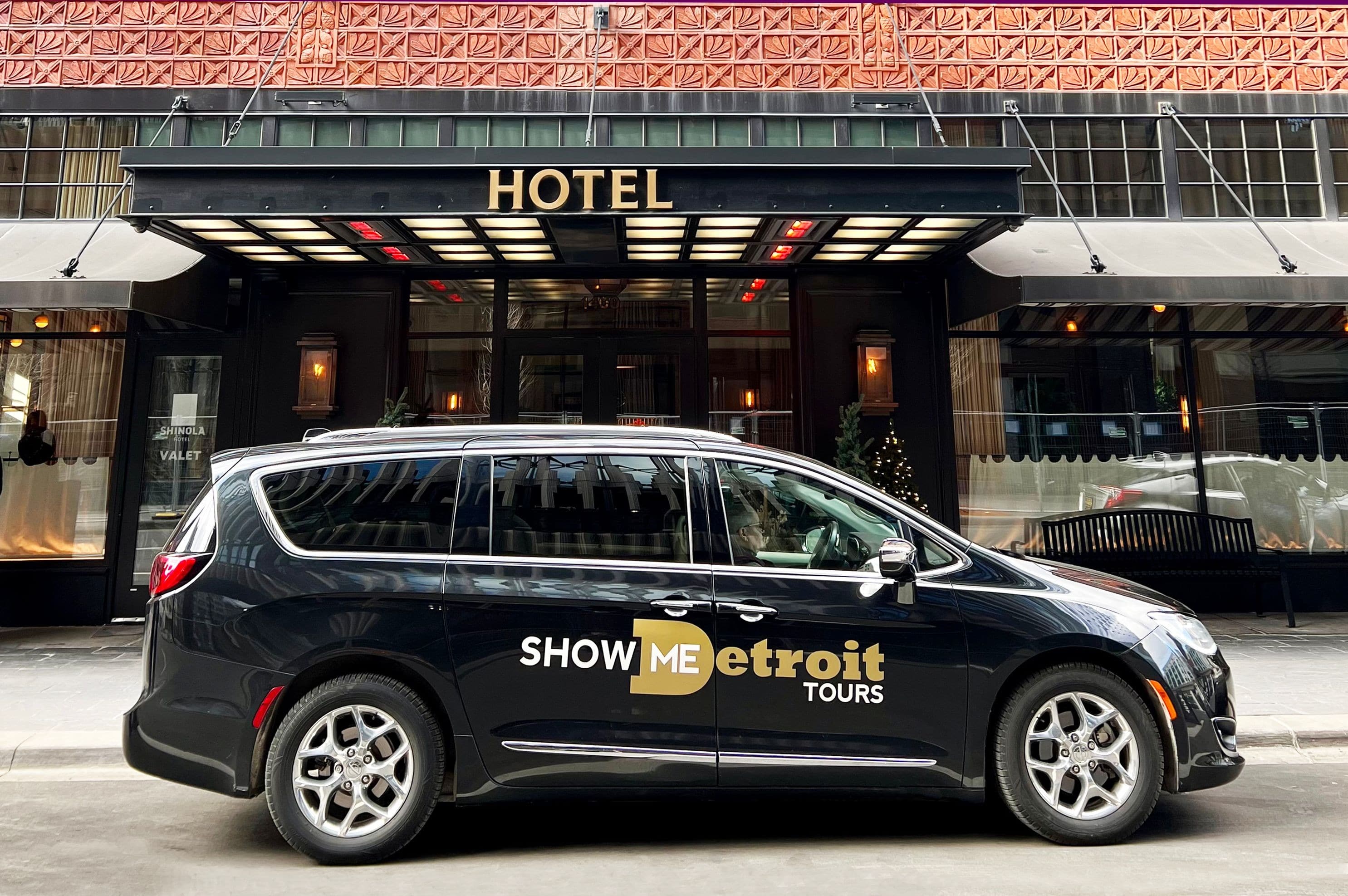 Show Me Detroit Tours picks up sightseeing tour guests at the Shinola Hotel on Grand River in Downtown Detroit.