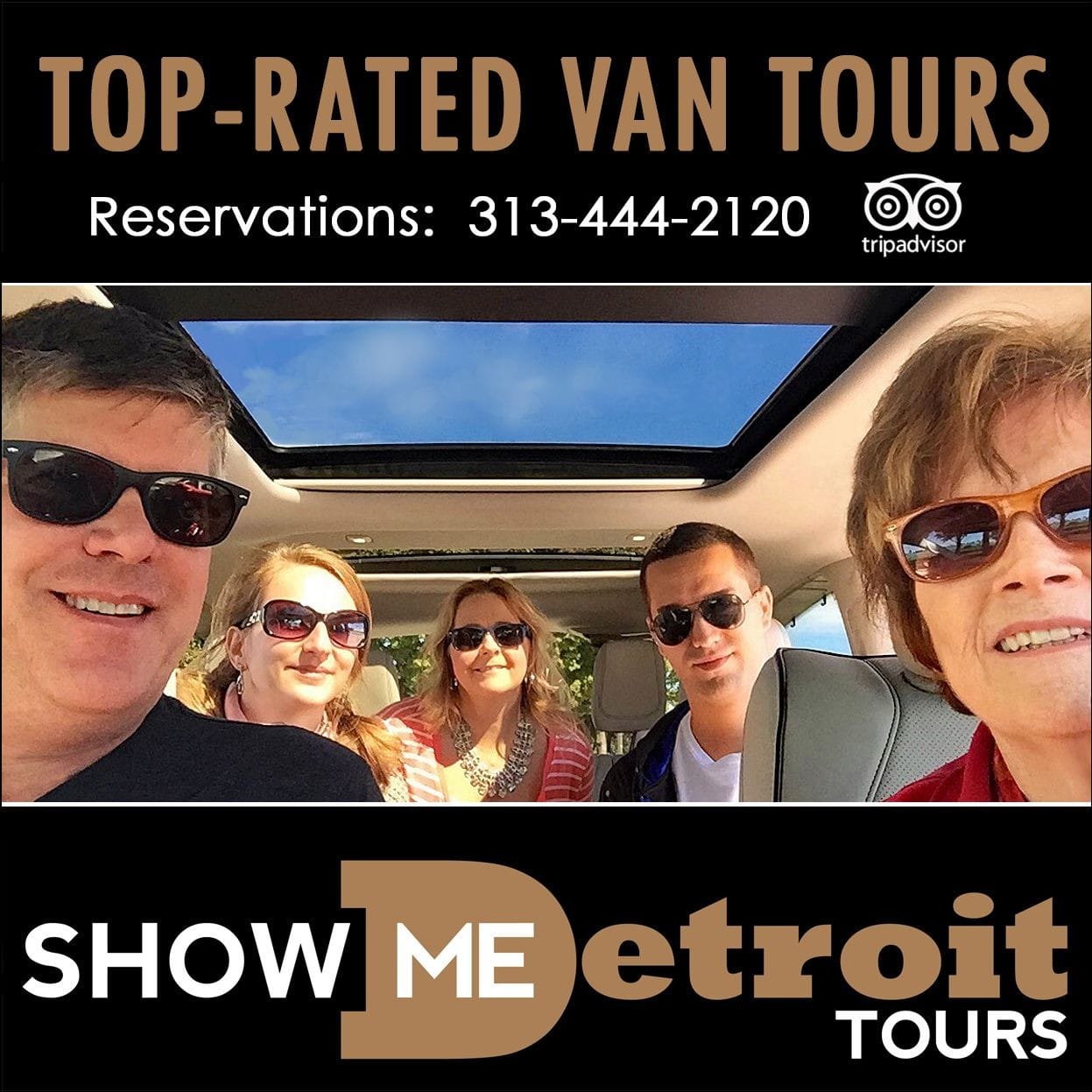 Tour guests are shown inside the Show Me Detroit Tours's van, with tour guide.